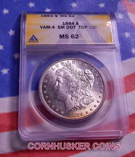 1884 MORGAN DOLLAR TOP 100 VAM-4 SMALL DOT ANACS MS 62  TOP 100