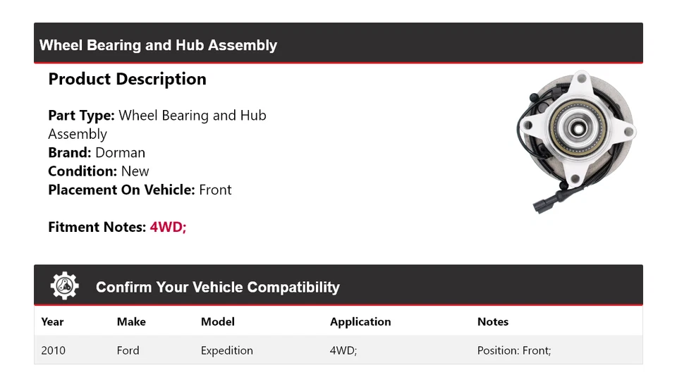 For 2010 Ford Expedition 4WD Dorman Wheel Bearing and Hub Assembly Front - Image 2 of 4