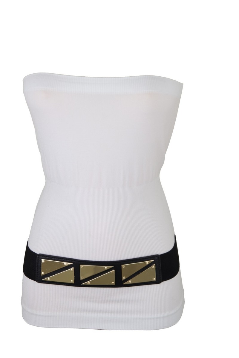 Women Black Elastic Band Fashion Hip High Waisted Belt Gold Triangle Buckle  S M
