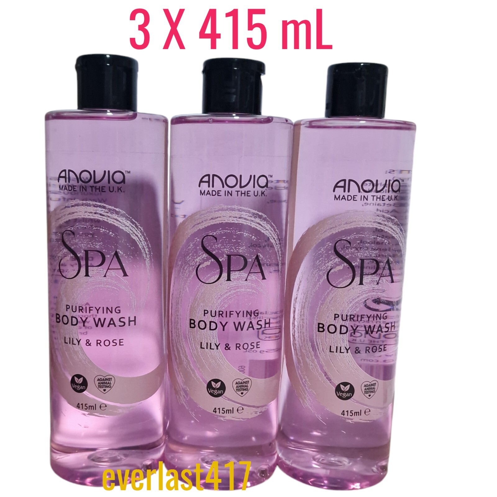 Anovia Spa Purifying Body Wash Lily Rose Vegan 3x 415ml Gentle cleansing