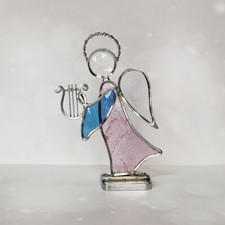 Pink  Blue Stained Glass Angel Playing Harp Standing Suncatcher 5.25"