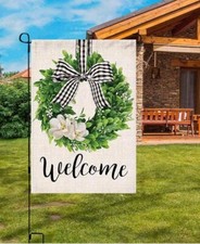 Hexagram Boxwood Wreath Garden Flag 12×18 Inch Double Sided, Buffalo Check Plaid