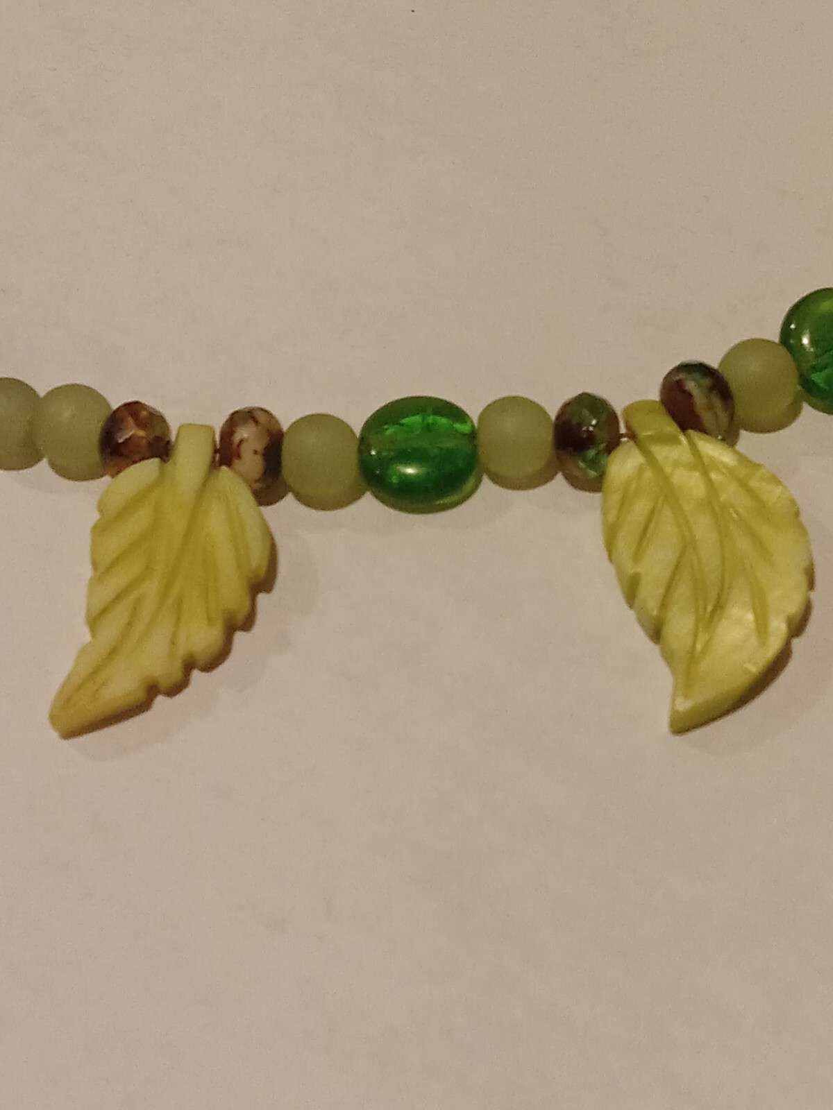 Vintage Czech glass, jade stone & carved agate leaf toggle necklace