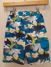 Boy Size 5T OP Ocean Pacific Multicolor Shark Camo Swim Trunks Mesh-Lined EUC