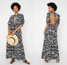 WAREHOUSE Black Zebra Open Back Puff Sleeve Maxi Summer Beach Dress size 10