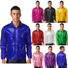 Mens Clubwear Long Sleeve Shirt Sparkly Shirts Turn-Down Collar Costume Disco