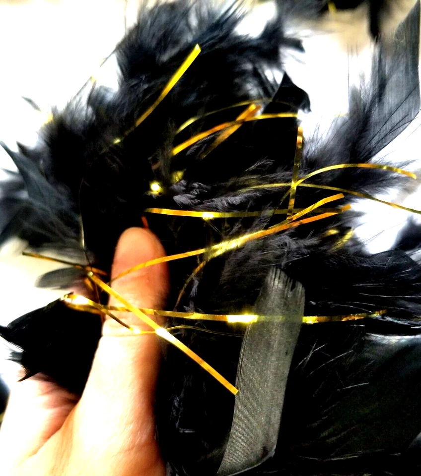 VTG Real Feather Boa Black w Gold Tinsel Accent 75" Long Flapper Opera Costume - Image 2 of 4