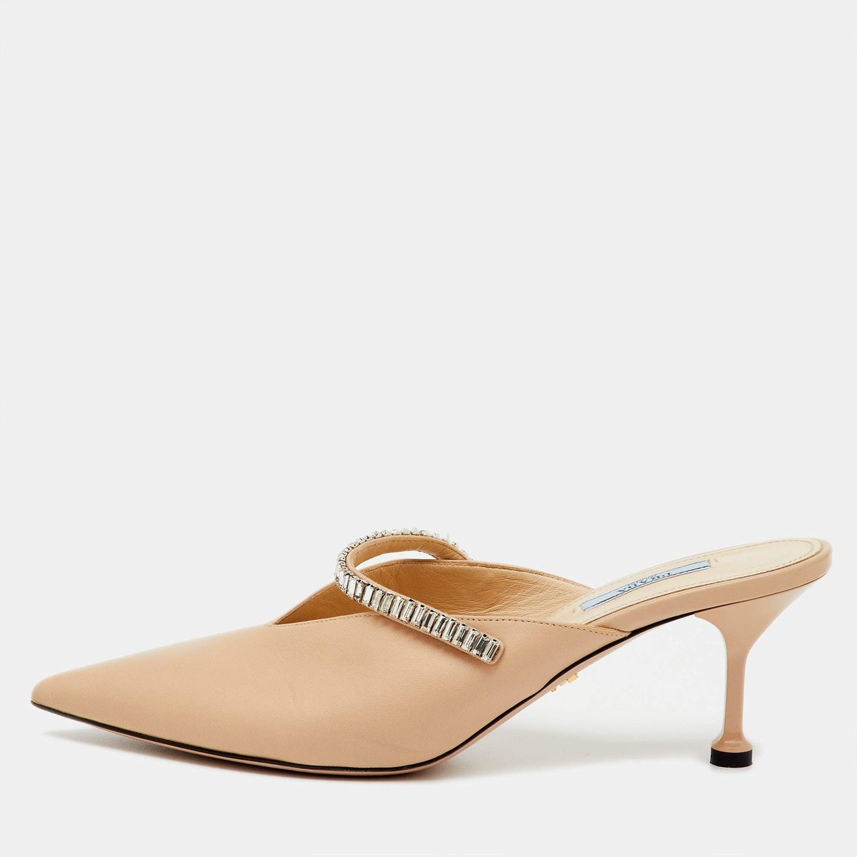 Prada Beige Leather Pointed Toe Crystal Embellished Mules Size 40