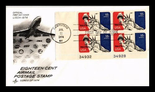 DR JIM STAMPS US COVER AIR MAIL 18C STATUE OF LIBERTY FDC SCOTT C87 PLATE BLOCK
