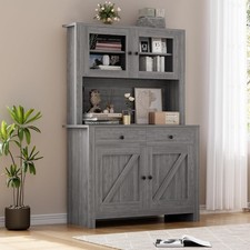 Kitchen Pantry Cabinet W/ Microwave Stand  Coffee Bar, 4-Door Storage Organizer