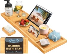 Bamboo Waterproof Bath Tray for tub Caddy - Wooden Holder for Wine, Book, Soap