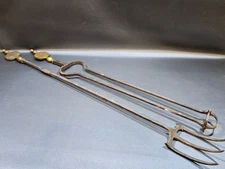 Antique Large Brass & Iron Fireplace Tool Set (Poker & Tongs)