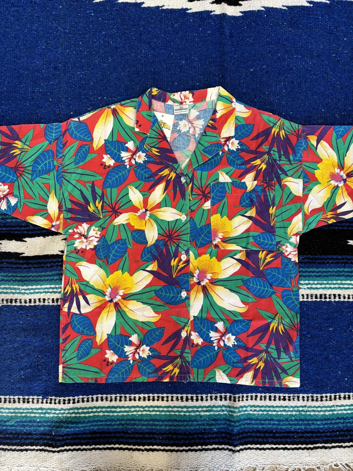 Vintage Essentials Hawaiian Shirt Mens Medium Red Floral Aloha Made USA 1980s
