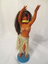 Vintage 8.5" Tall Hawaiian Hula Girl in Sarong Doll Figurine on Stand