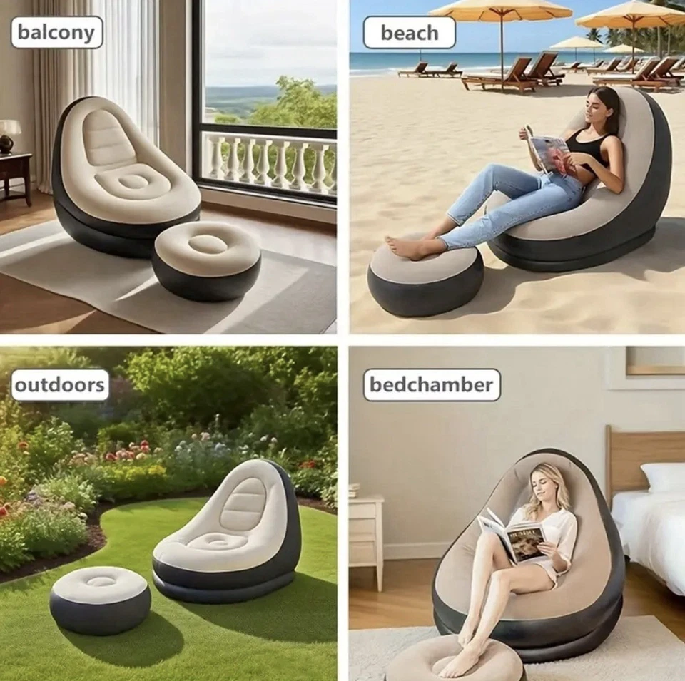 Sofá reclinable inflable con reposapiés, sillón plegable para interior/exterior Foto 3 de 4