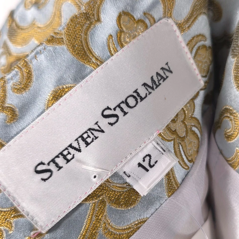 NUEVO CON ETIQUETAS STEVEN STOLMAN Falda Estrás Cinturón Azul Dorado Floral Cachemira Forrada 12 Foto 2 de 4