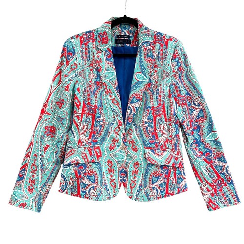Jones New York Signature Blazer Jacket Womens 10 Red Blue Paisley Bright Career