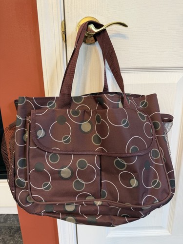 THIRTY ONE TOTE BAG BROWN AND GREEN DOTS CIRCLES LARGE OUTER POCKET W/2 MESH EUC