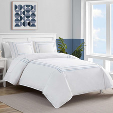 Soft Queen Duvet Cover Set with Shams - Embroidered Chambray Blue Decor
