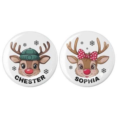 EMU WORKS Personalised Badges - Custom Name - Christmas Badge For Kids - Reindeer Gift