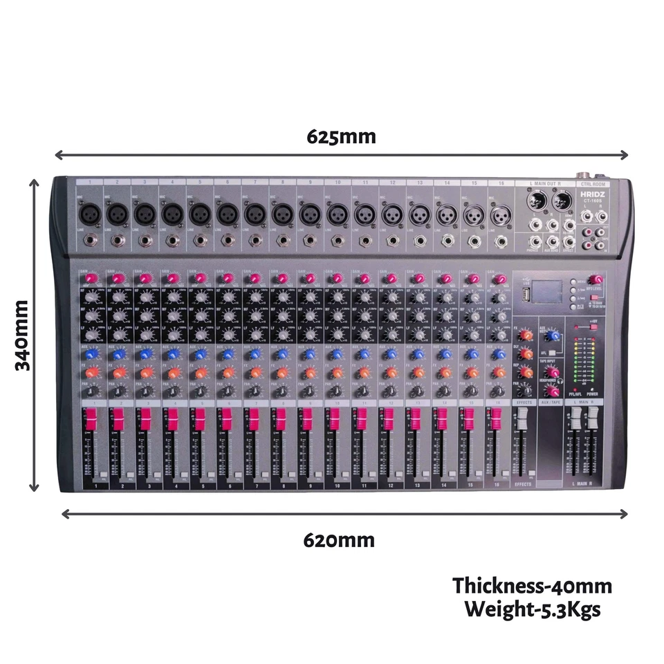 Hridz 16 Channel DJ Karaoke Audio Sound Mixer Mixing DJ Console USB with 48V Pha - Image 4 of 4