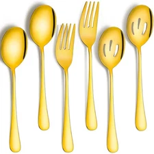 Patelai 6 Pack Serving Spoons Set Includes 4 Slotted and Gold 