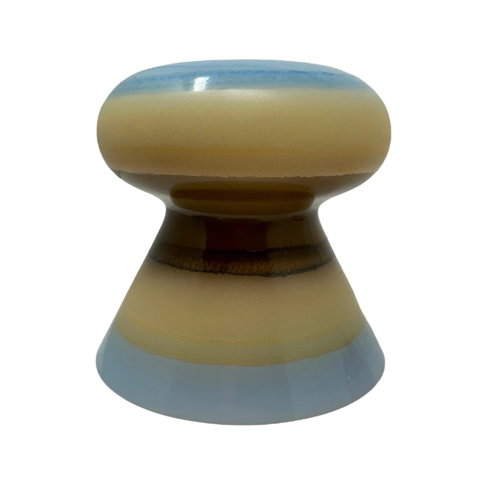 Womar Glass Candle Holder Bud Vase Blue Cream Brown Striped Handmade Poland 4" - Image 3 of 4