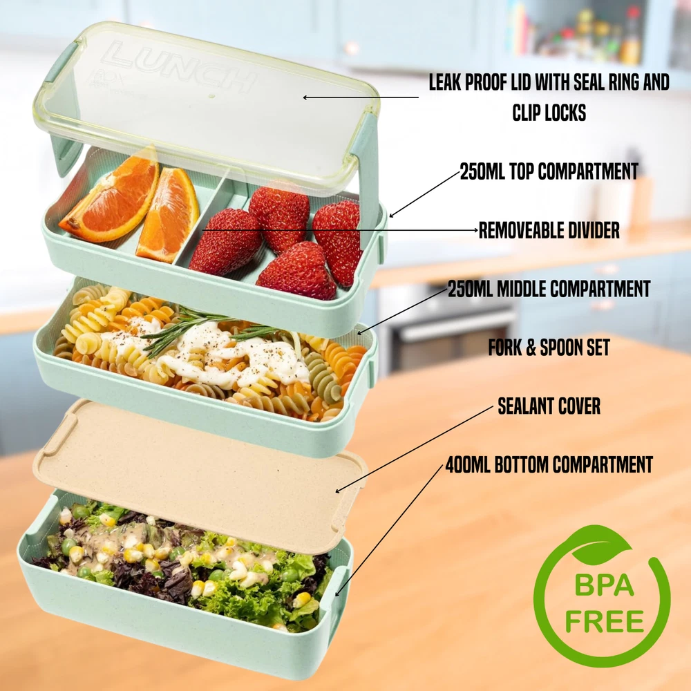 Bento Box Layered Lunch Box Adults 3 Layer 900ml - 1600ml Spoon Fork Womens Mens