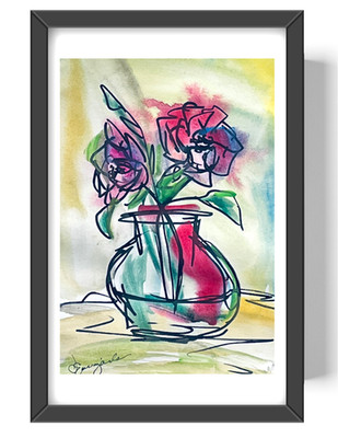 Guajardo Original Art: Roses in Water  9X6 Paper Signed Art Modern Home Decor