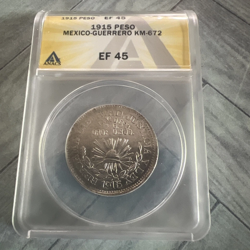 Mexico ANACS EF 45 1915 Guerrero 1 Peso Revolutionary Circulated Silver Coin - Image 2 of 4