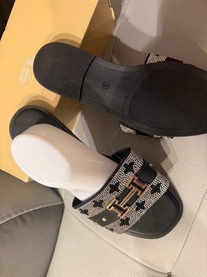 Women's Black Silver Slide Sandals with Rhinestone Logo Accent Slip-On Flat