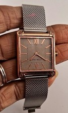 Nine West Women's Square Quartz Watch Rose Gold Case Gray Dial Silver Mesh 26mm