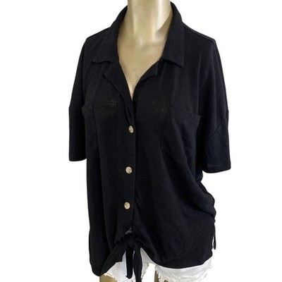 Hem & Thread Button down Tie Front Short Sleeve Black Top Women Large