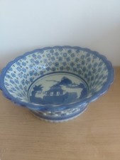 Vintage Chinese Reticulated Blue Porcelain Fruit Bowl Handpainted Landscape