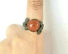 Natural Carnelian Leaf Ring Size 9.25 Alpaca Silver Gemstone Vintage Ethnic Art