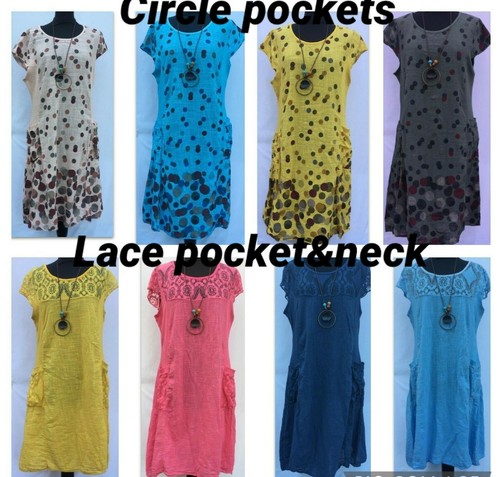 LADIES WOMEN ITALIAN LAGENLOOK LACE POLKA SUMMER COTTON MIDI BOHO POCKET DRESS - Picture 3 of 88