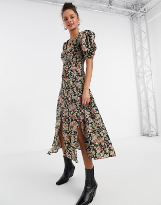 Topshop Dress Women UK 10 Black Grunge Floral Print V-Neck Front Slits Midi  Gown UK