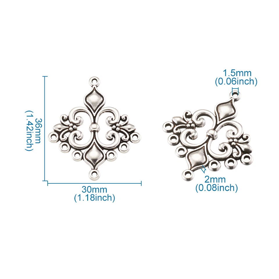 Arañas rombo de aleación tibetana 10 piezas filigrana pendientes fornituras plata 36x30 mm Foto 2 de 4