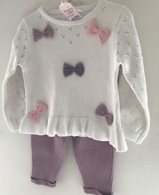 Bonjour Bebe creme & flieder Strickpullover aus Baumwolle & Leggings 18-24 Monate
