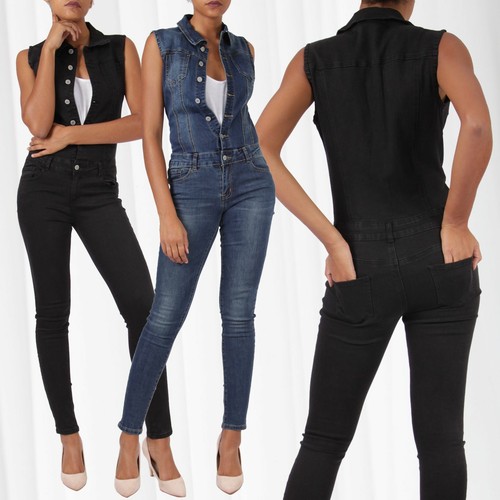 Tuta da donna jeans jumpsuit aderente pantaloni skinny senza maniche  Jumpsuit | eBay