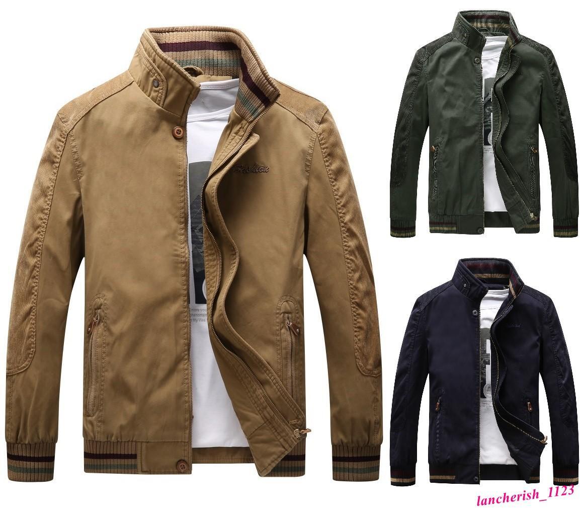 Men's Cotton Jacket Stand Up Collar Coat Long Sleeve Slim Fit