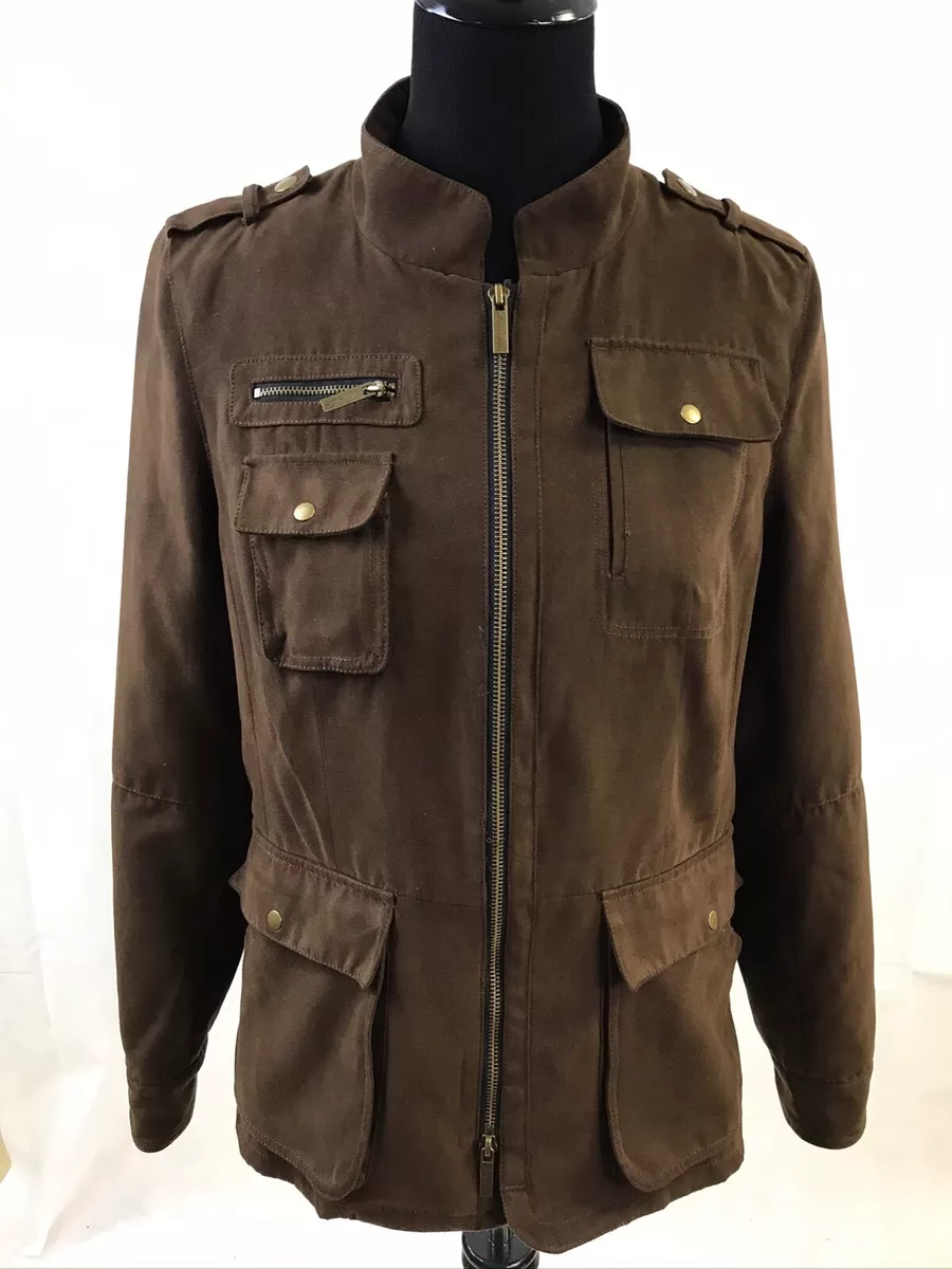 KENNETH COLE WOMENS JACKET BROWN SUEDE LIKE FABRIC ZIPPER SNAPS SIZE M