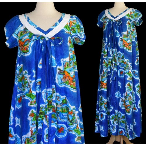 Maxi abito hawaiano vintage anni 70 Waltah Clarke, stampa blu isole Hawaii taglia M