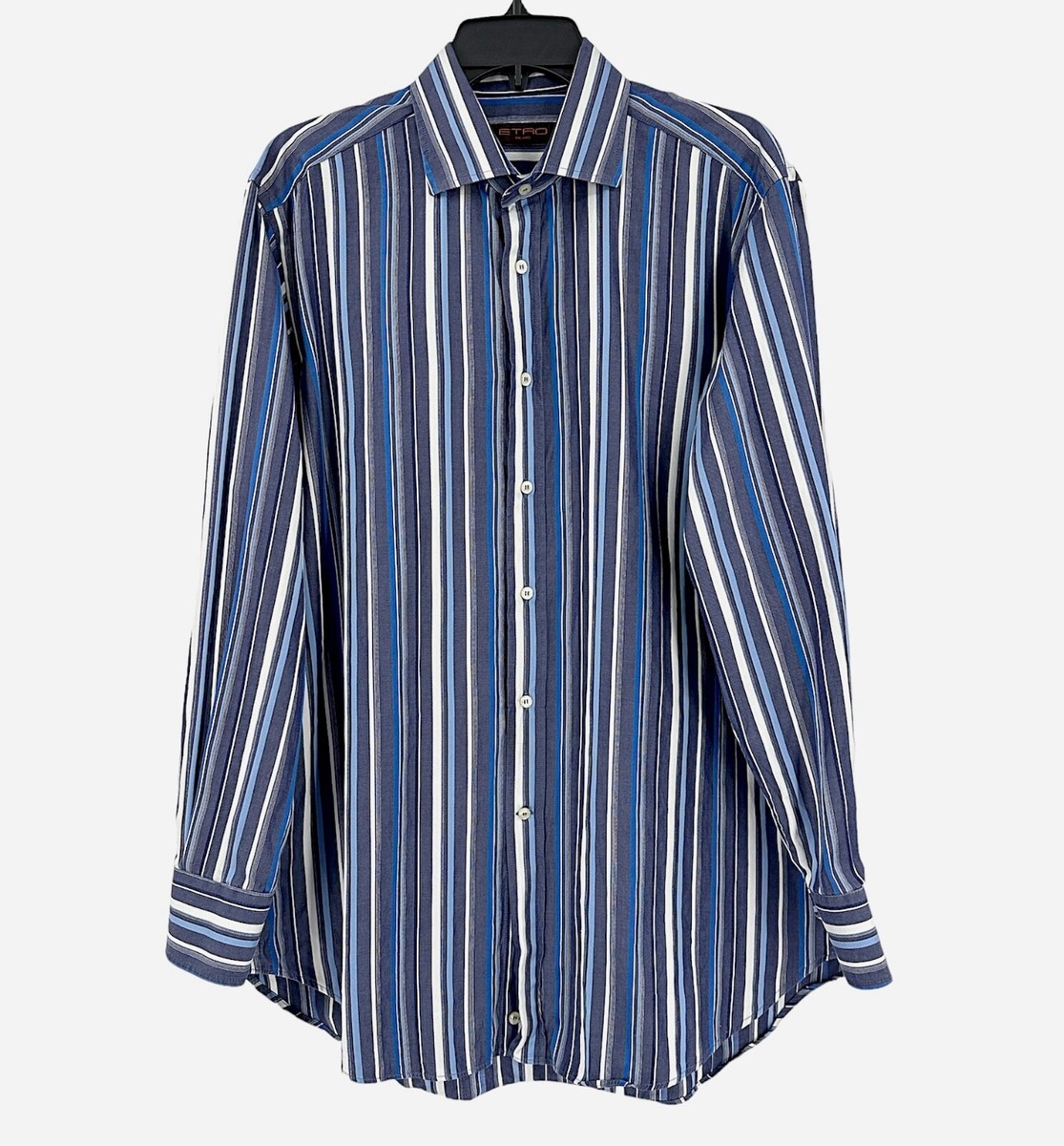 etro dress shirt ETRO Dress Shirt Mens 42 Long Sleeve Blue White Striped Button Up Made In  Italy