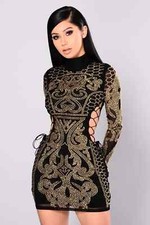 1X Fashion Nova Dress Size Small Dynasty Studded Sequins Black Gold Lace Up
