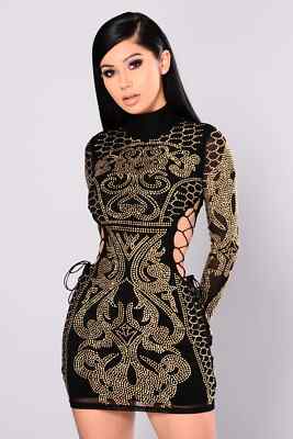 1X Fashion Nova Dress Size Small Dynasty Studded Sequins Black Gold Lace Up | eBay 1X Fashion Nova Dress Size Small Dynasty Studded Sequins Black Gold Lace Up | eBay