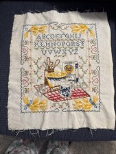 Vintage ręcznie haftowana miska na mąkę z motywem kuchennym, sampler wałka rolkowego ABC