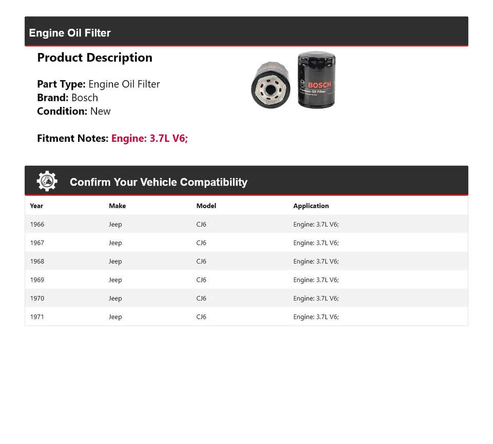 For 1966-1971 Jeep CJ6 3.7L V6 Bosch Premium Oil Filter 1967 1968 1969 1970 - Image 2 of 3