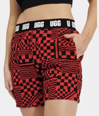 UGG Sz M CHRISSY SHORT CHECKS WOMEN RED BLACK COTTON BOYFRIEND STYLE 1134074 $68