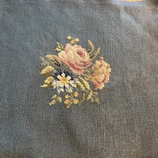 Wool Needlepoint Finished Piece Tapestry Rose Floral Dusky Blue Handmade Vintage